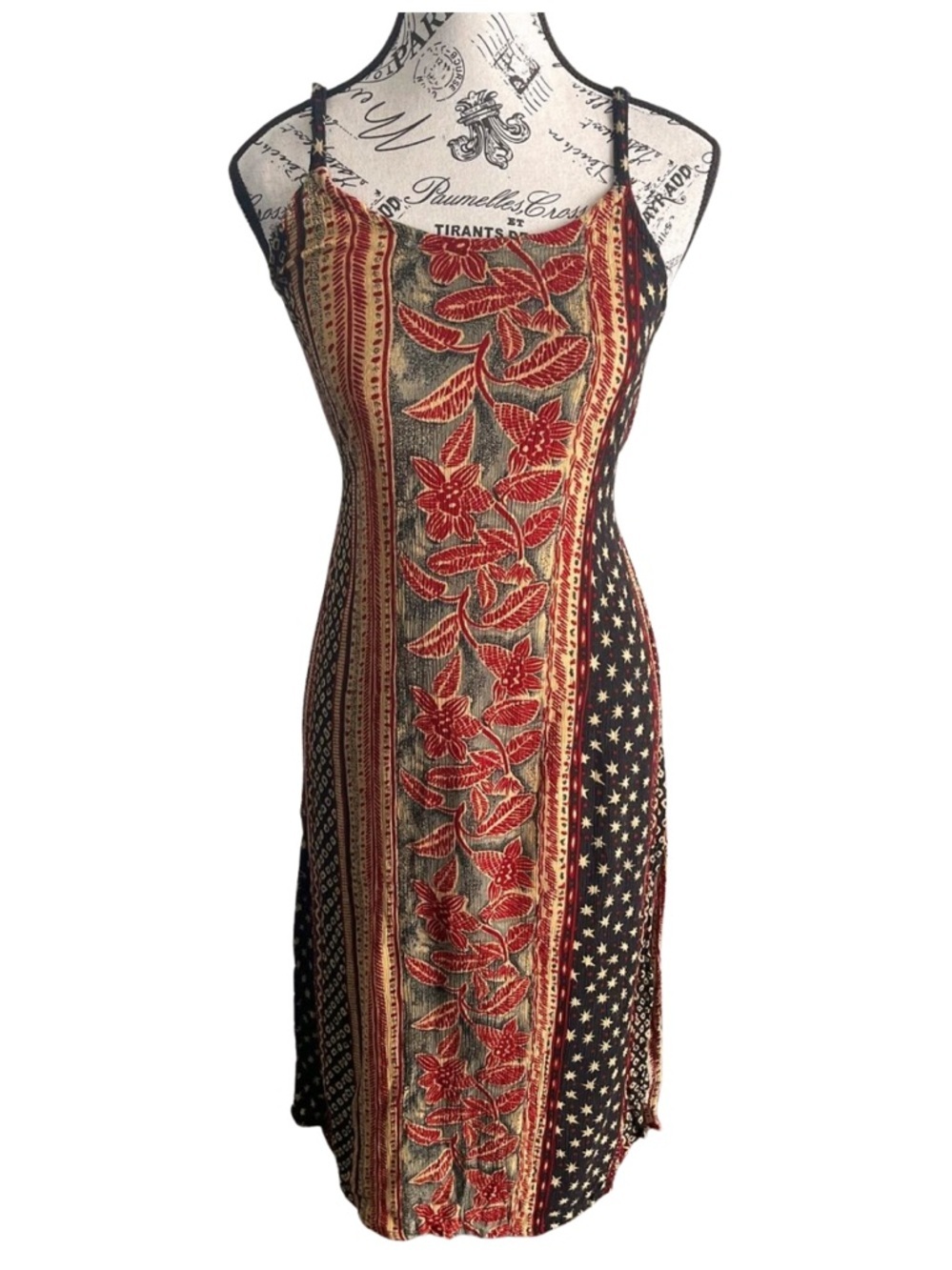 90s vintage Patchwork Midi Dress Boho Floral Ethnic Slip Dress size Small